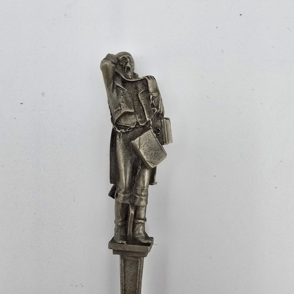 Vintage Pewter Souvenir Spoon Soldier Handle Etched Scene Embossed Pre-Owned